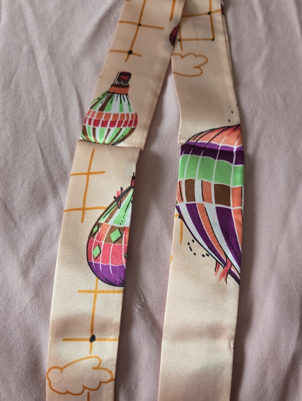 Silk Like Colorful, Cream Hot Air Balloon Print Twilly, Wild Rag Or Skinny Scarf